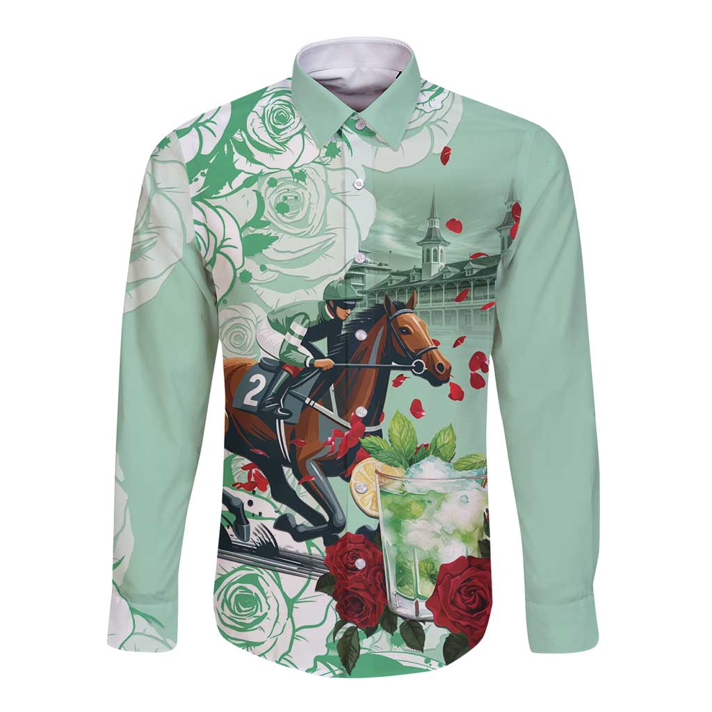 Mint green long-sleeve button shirt with horse and cocktail graphic on front