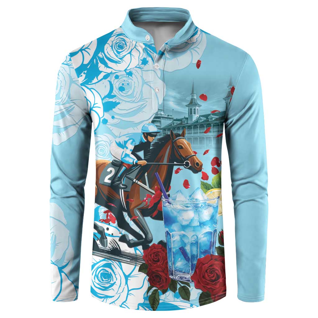 Light blue button sweatshirt with horse and cocktail graphic, long sleeves