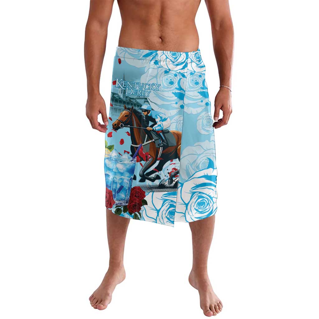 Blue graphic shorts with horse-racing illustration and rose pattern, elastic waist