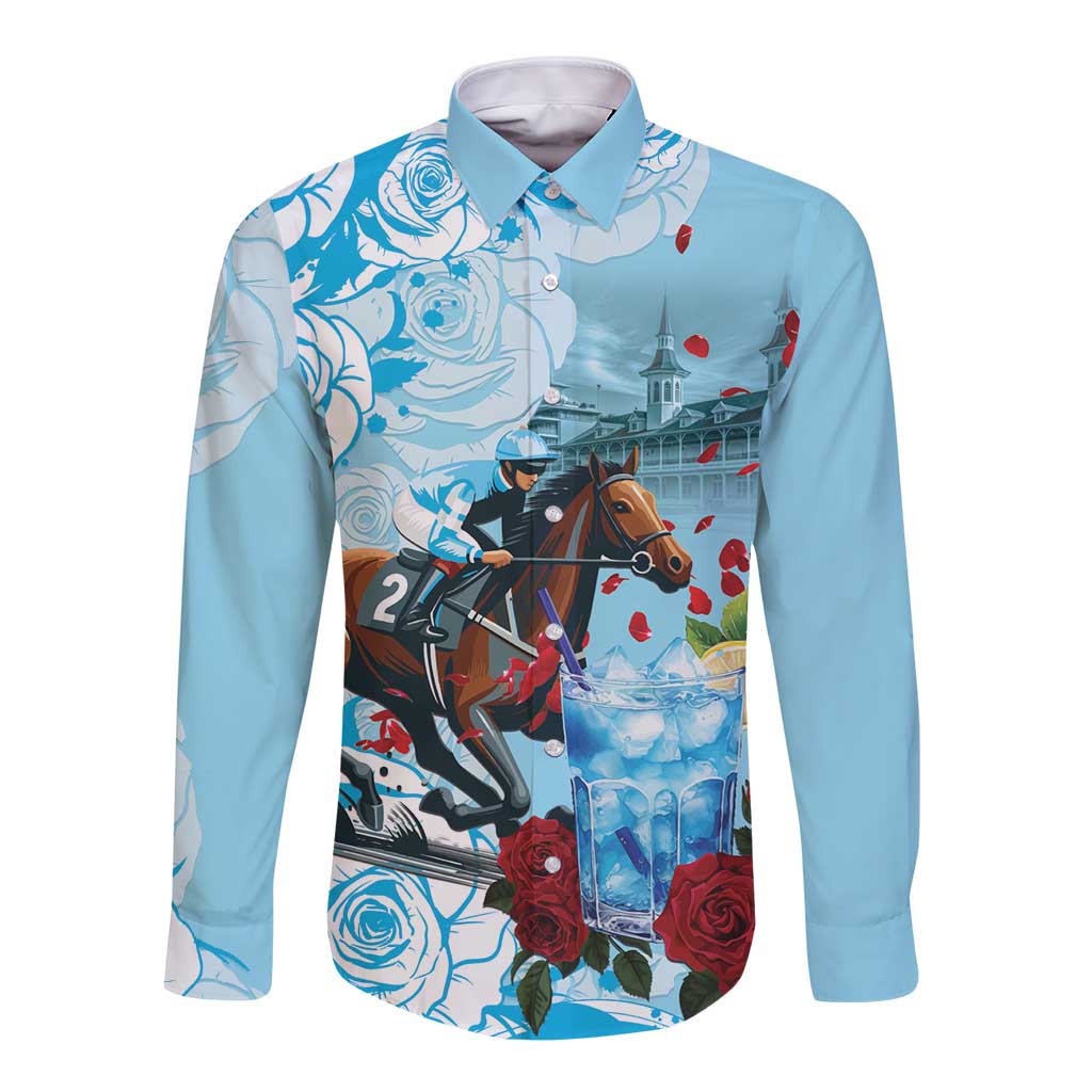 Light blue long-sleeve button shirt with front horse-race and floral graphic