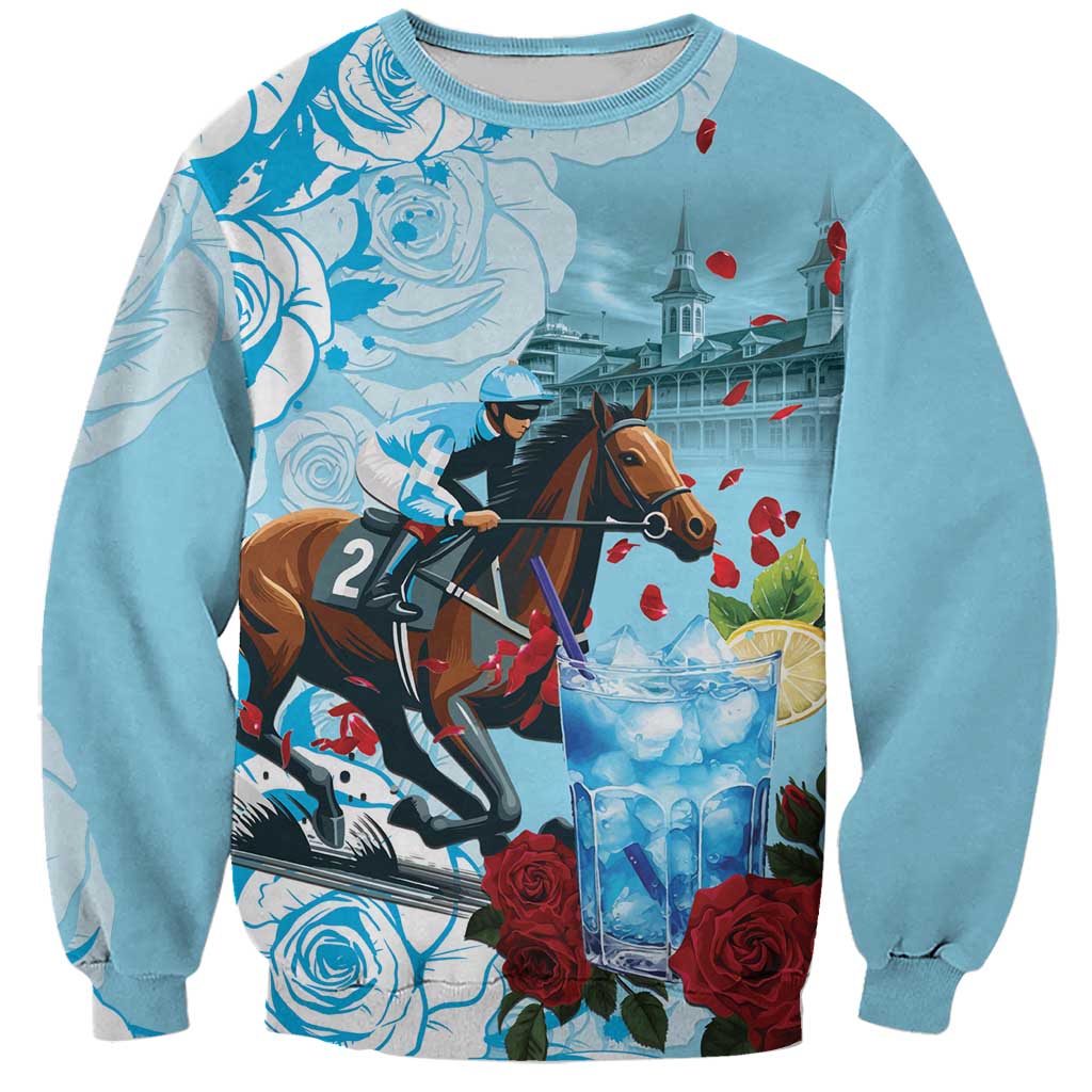 Blue unisex sweatshirt with horse racing graphic, roses, crewneck long sleeves