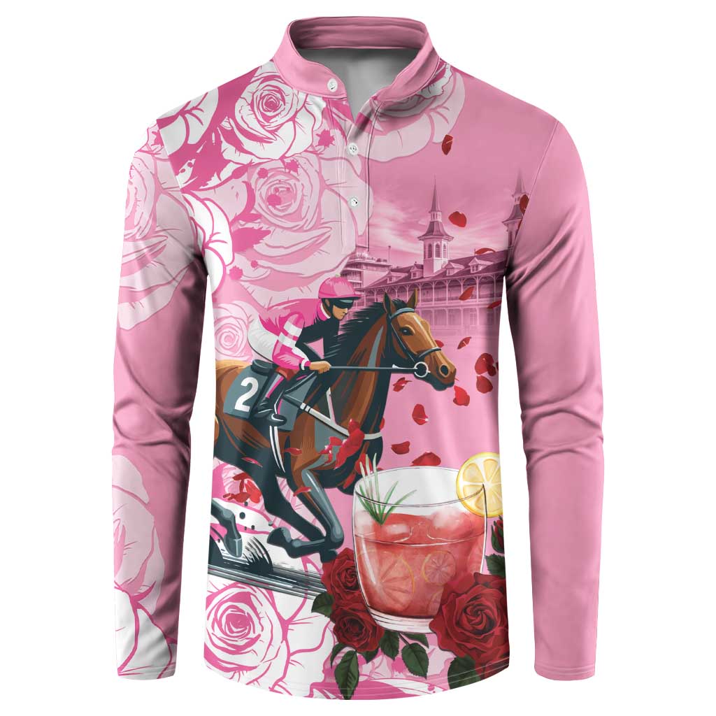 Pink button sweatshirt with horse, roses, and drink graphic; long-sleeve polo style