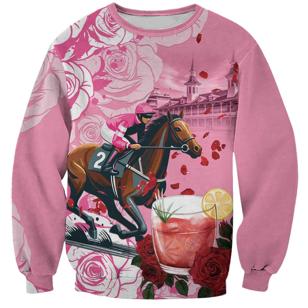 Pink unisex sweatshirt with horse rider and strawberry mint julep cocktail graphic