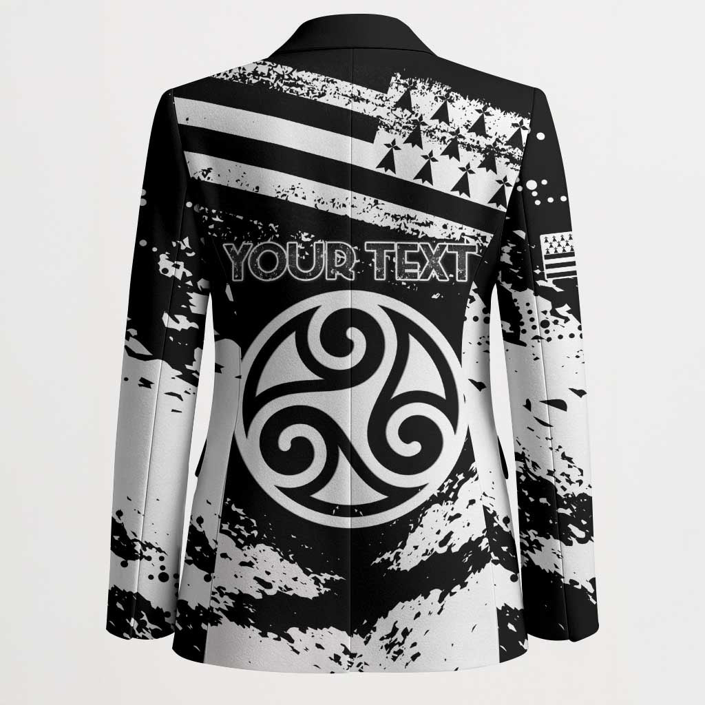 Personalized black blazer coat, back features circular triskelion with custom text