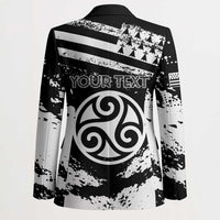 Personalized black blazer coat, back features circular triskelion with custom text