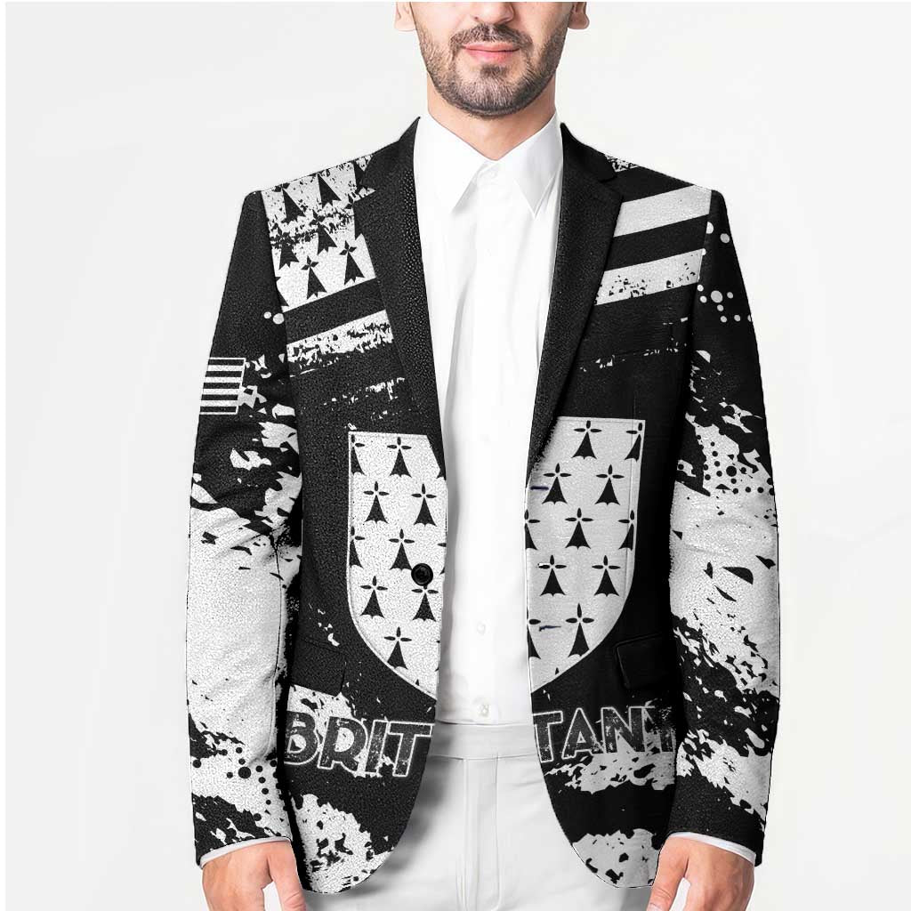 Unisex black blazer coat with white distressed panel graphics and crest pocket