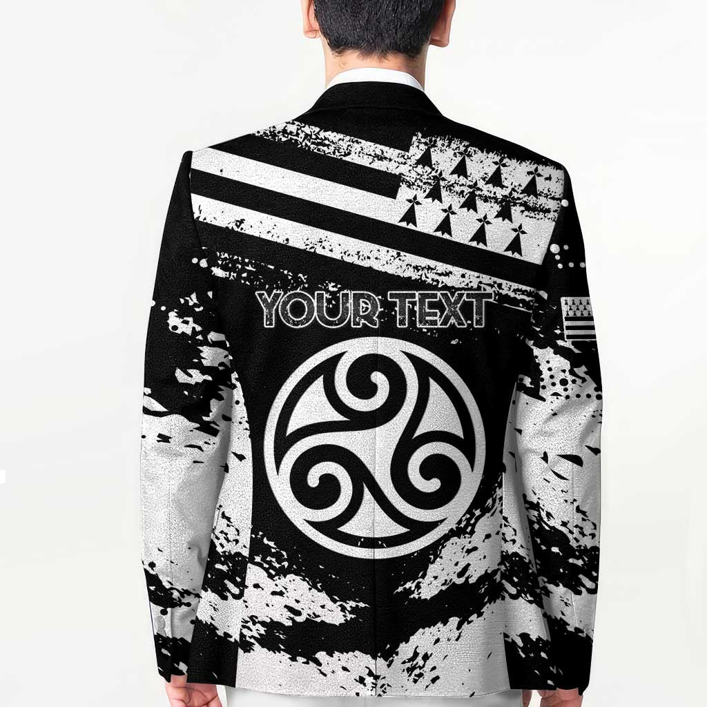 Personalized black blazer coat, back shows custom text over triskelion emblem