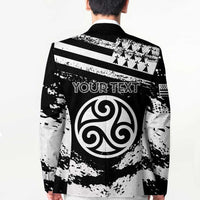 Personalized black blazer coat, back shows custom text over triskelion emblem