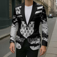 Black unisex blazer coat with white speckled stripes and buttoned front graphic