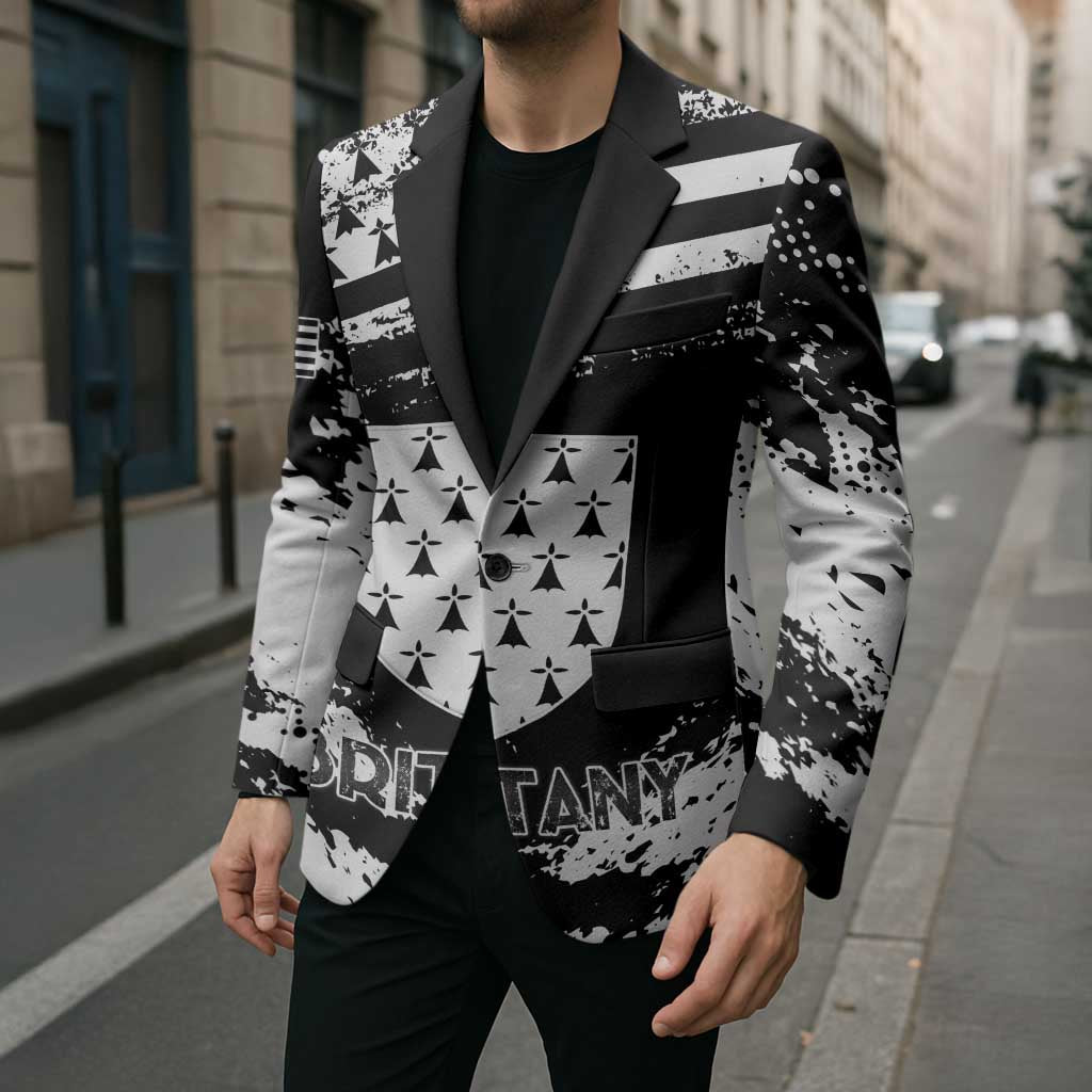 Black unisex blazer coat with monochrome distressed panels and central printed emblem