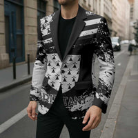 Black unisex blazer coat with monochrome distressed panels and central printed emblem