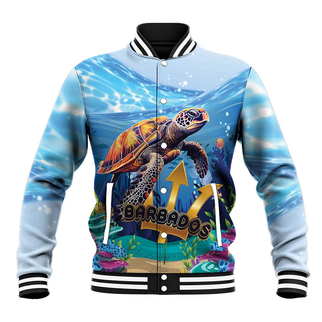 Light blue sea turtle graphic baseball jacket with striped ribbed collar and cuffs