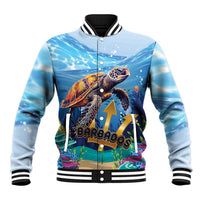 Light blue sea turtle graphic baseball jacket with striped ribbed collar and cuffs