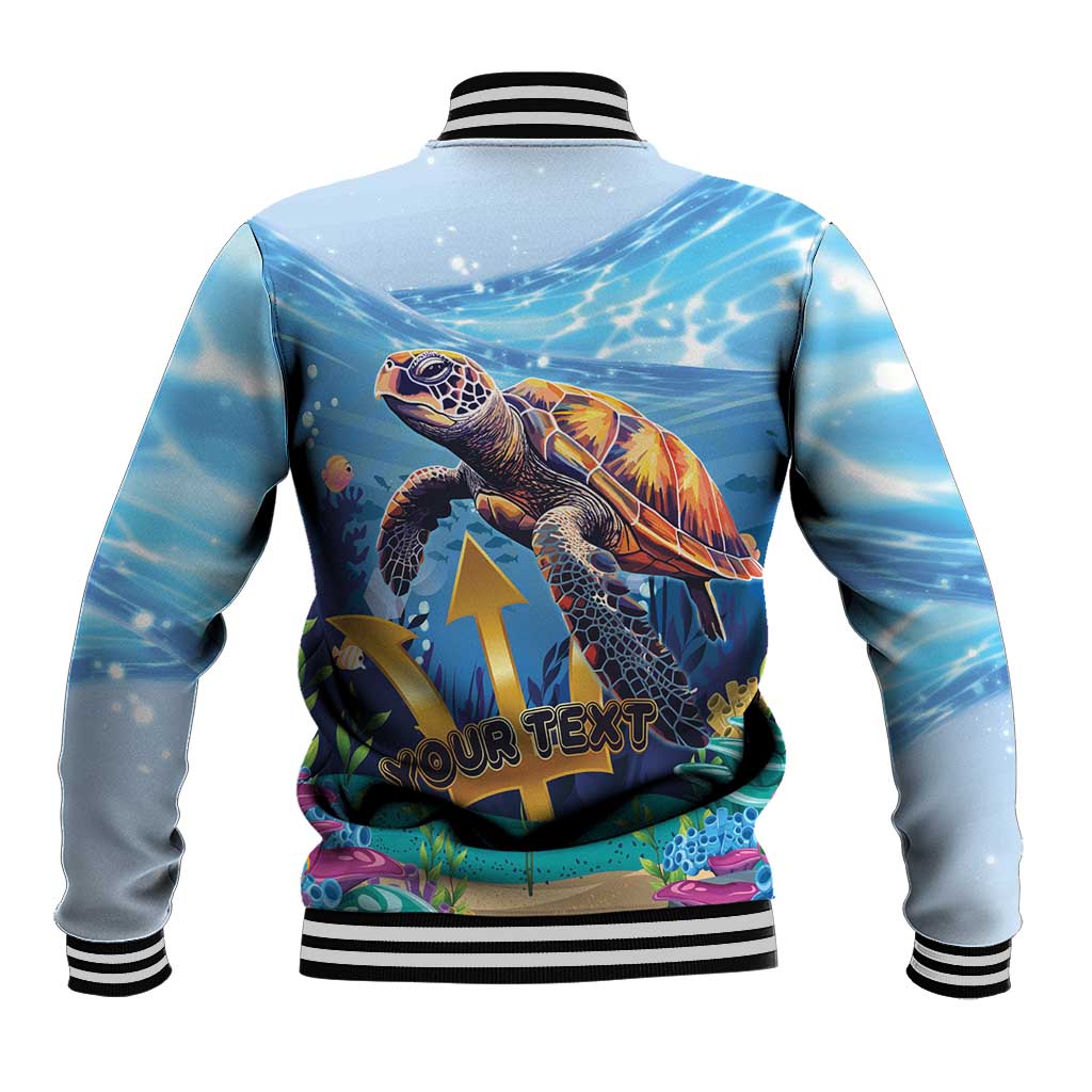 Light blue sea turtle baseball jacket, back graphic with striped ribbed collar and hem