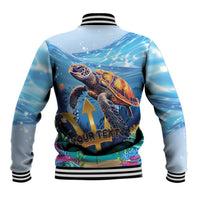 Light blue sea turtle baseball jacket, back graphic with striped ribbed collar and hem