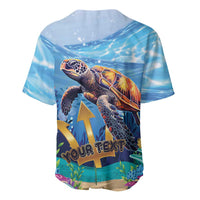 Light blue baseball jersey back, sea turtle graphic with yellow arrow and 'YOUR TEXT'