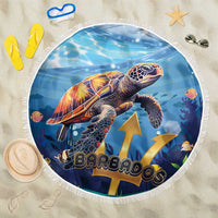 Round blue beach blanket with sea turtle, ocean waves print, and white fringe edge