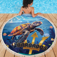 Round sea turtle beach blanket with blue ocean scene and white fringed edge on deck