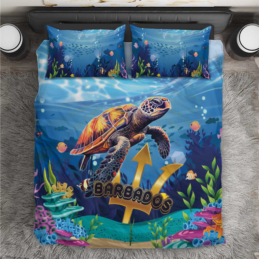 Blue ocean turtle bedding set with shell and reef graphics, includes matching pillowcases