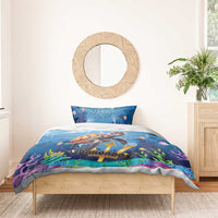 Blue ocean turtle bedding set with reef scene on duvet and matching pillowcases