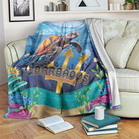 Blue sea turtle blanket with colorful underwater scene and gold emblem design