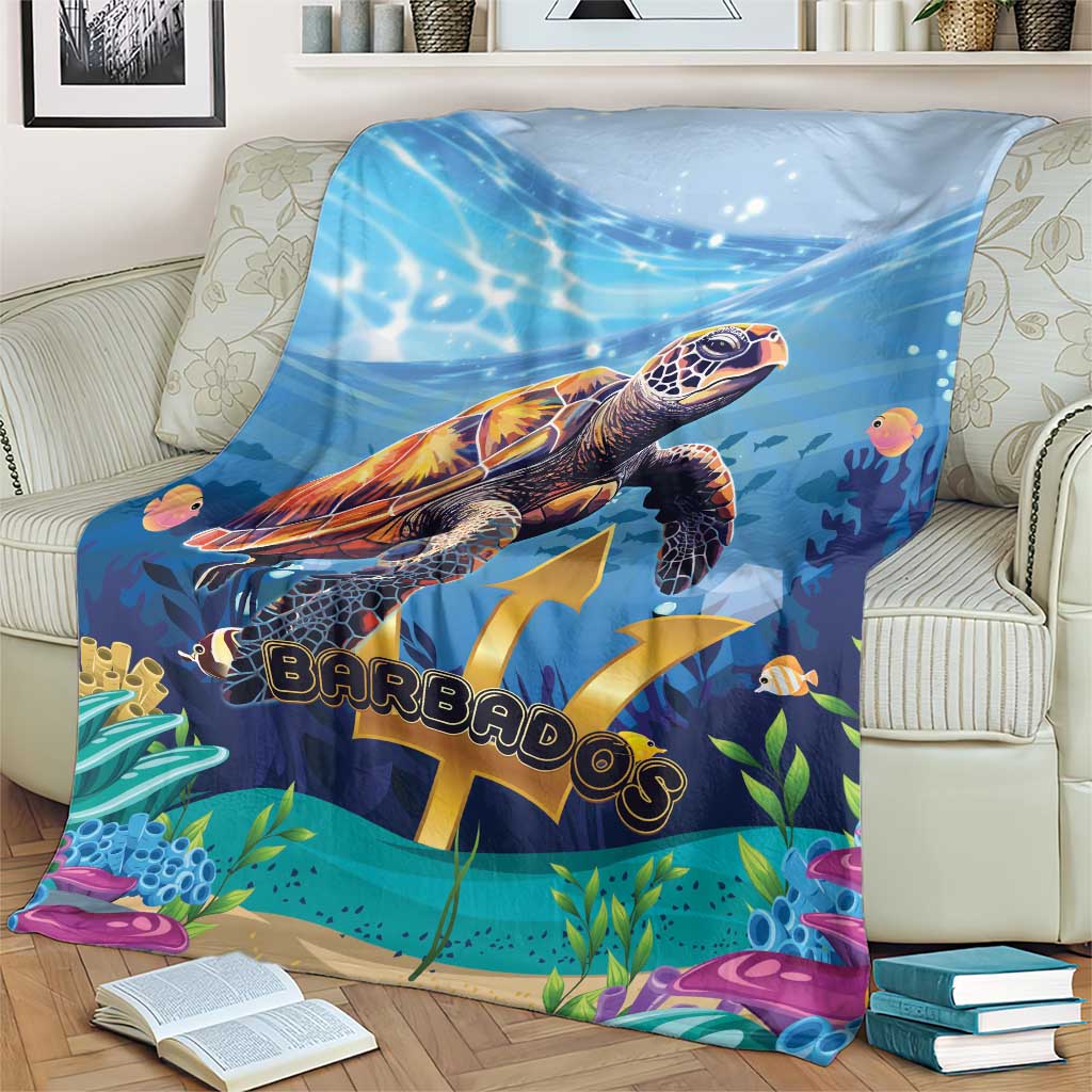 Blue sea turtle blanket spread on sofa with coral plants and gold emblem design