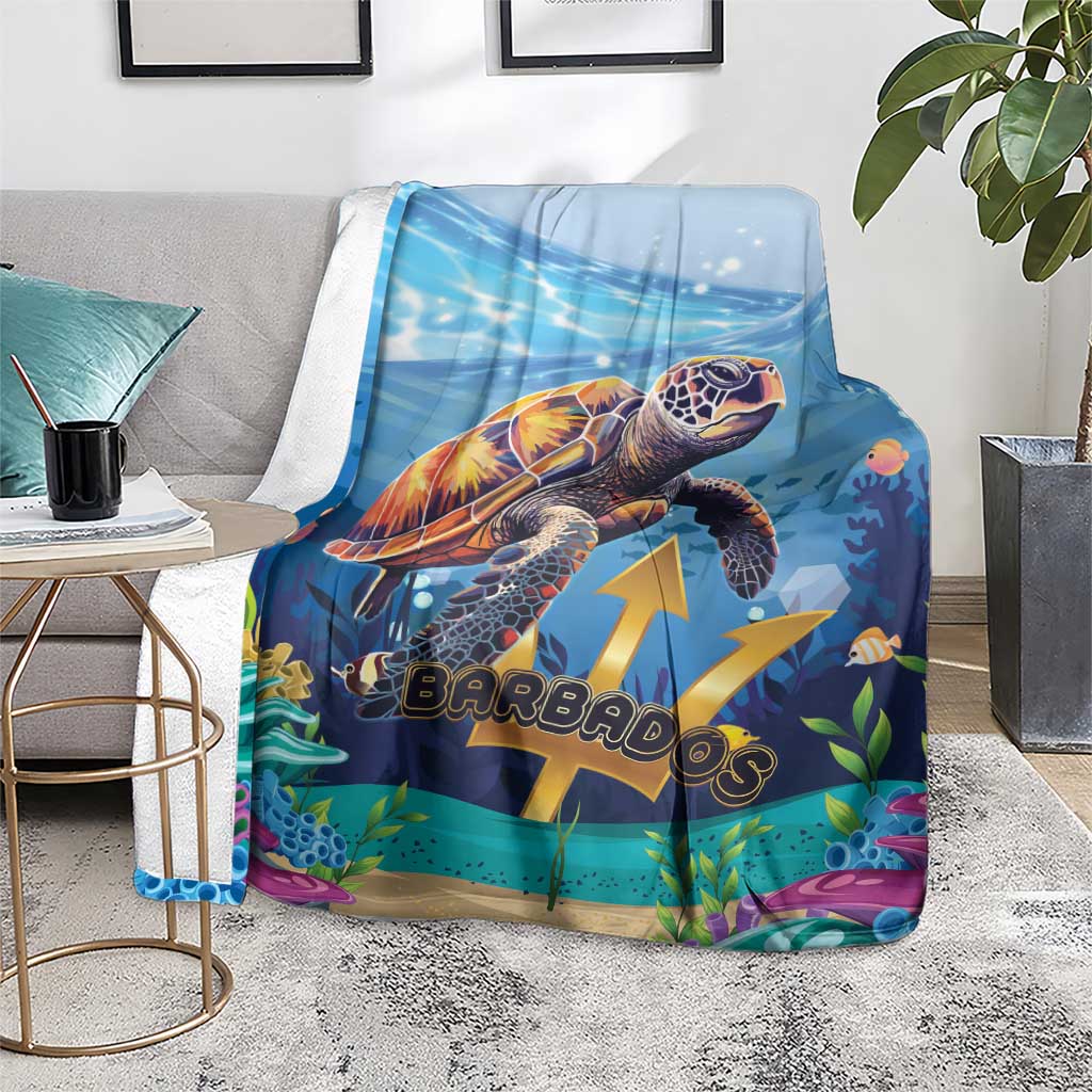 Blue sea turtle blanket on chair with ocean scene and gold emblem design