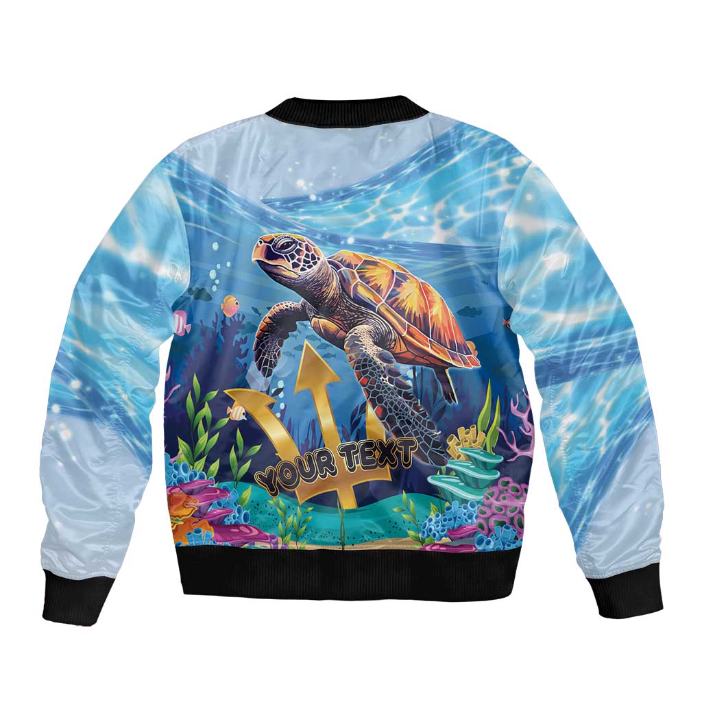 Light blue sea turtle bomber jacket with 'YOUR TEXT' design and black ribbed hem