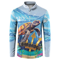 Light blue button-front sweatshirt with sea turtle and Barbados emblem graphic