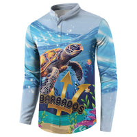Light blue button-front sweatshirt with sea turtle and Barbados graphic on the chest