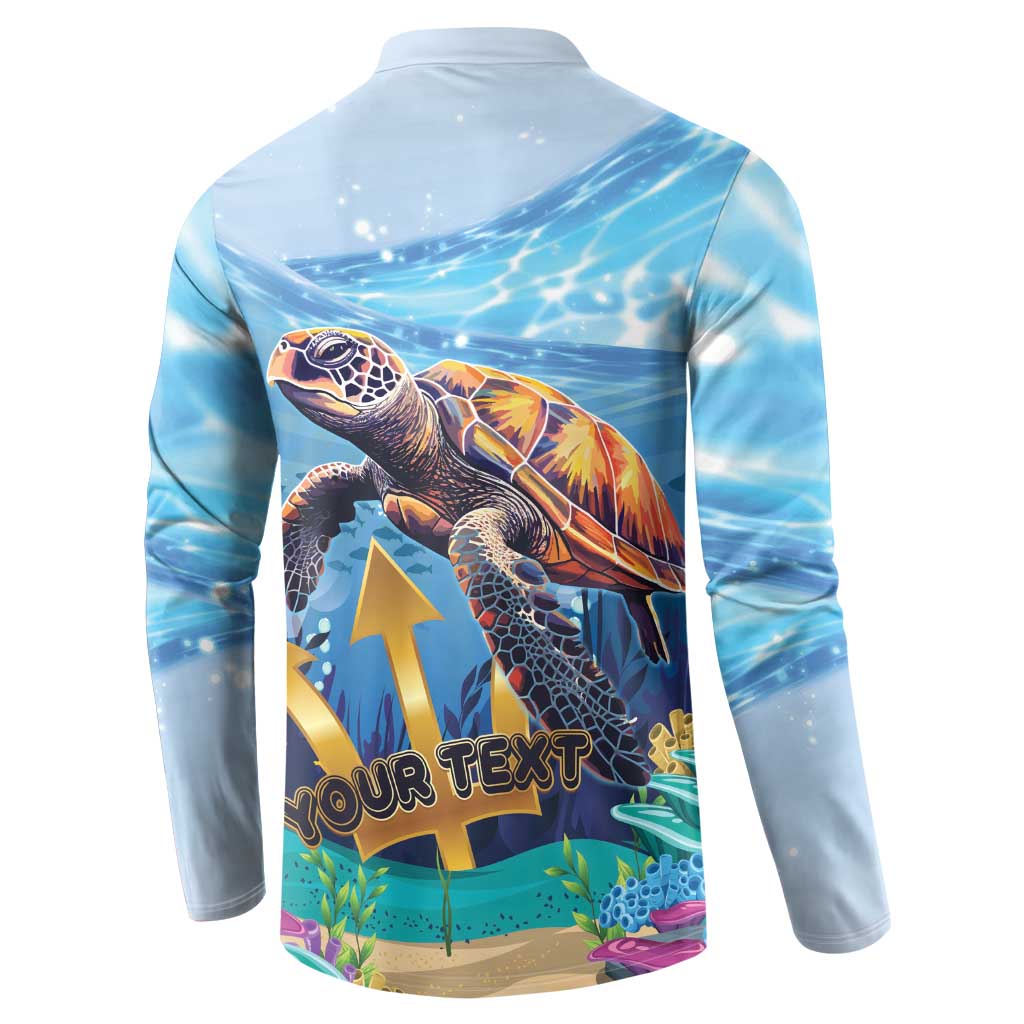 Light blue button-front sweatshirt with sea turtle back print and 'YOUR TEXT' placeholder