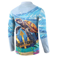Light blue button-front sweatshirt with sea turtle back print and 'YOUR TEXT' placeholder