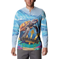 Light blue button-front sweatshirt featuring sea turtle and Barbados print across the front