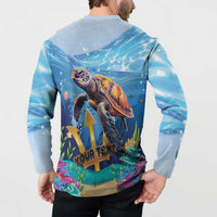 Light blue button-front sweatshirt showing sea turtle back print with 'YOUR TEXT' wording