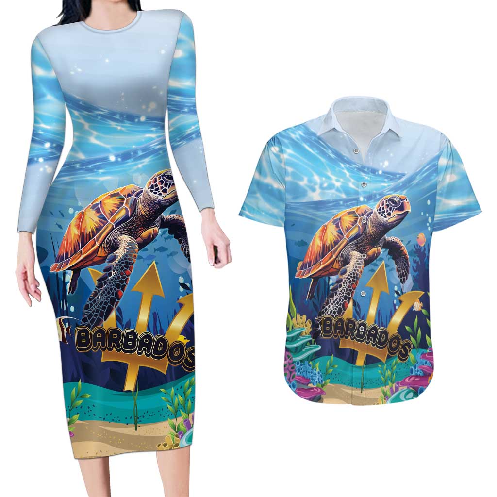 Personalised Barbados Sea Turtle Couples Matching Long Sleeve Bodycon Dress and Hawaiian Shirt Ocean Style - Wonder Print Shop