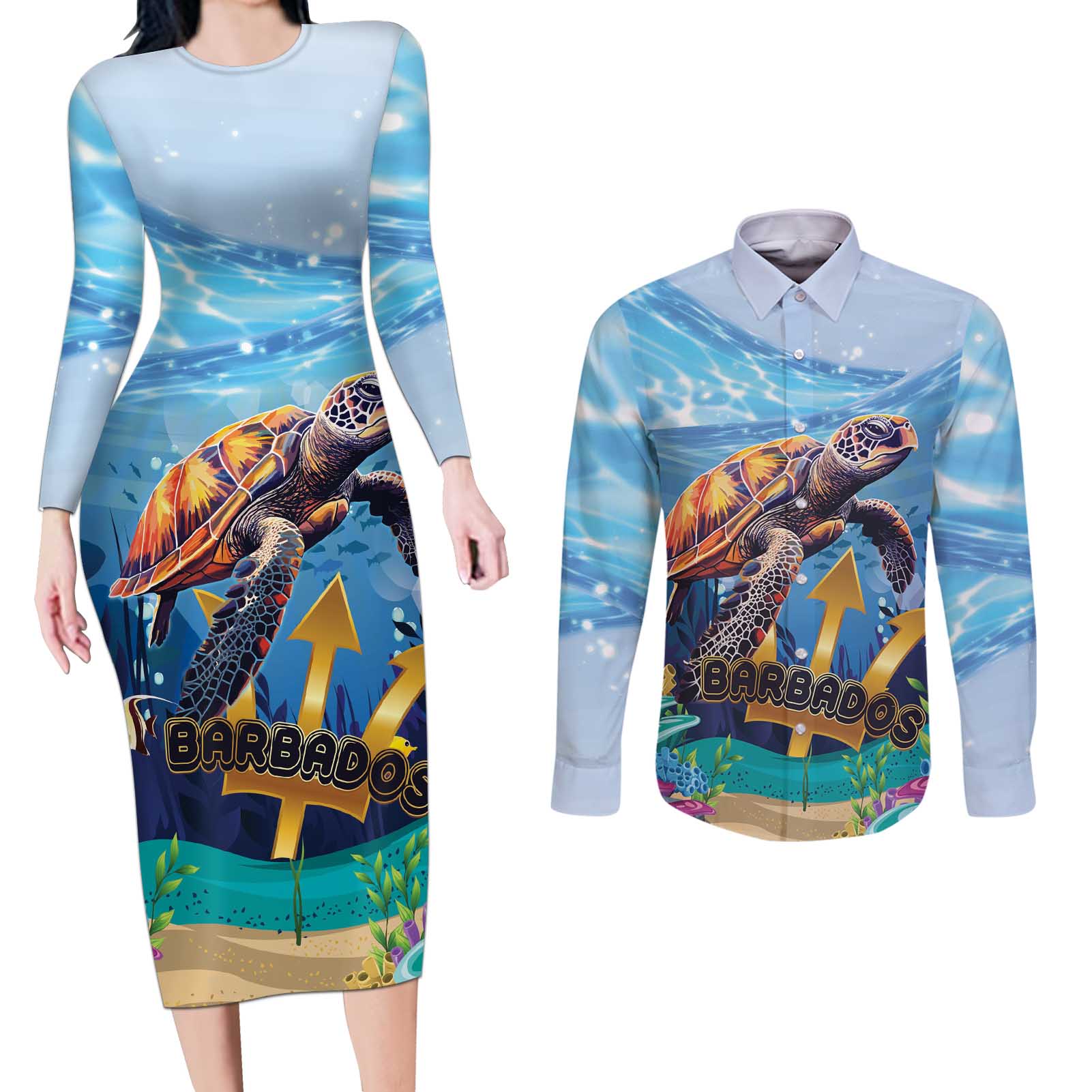 Personalised Barbados Sea Turtle Couples Matching Long Sleeve Bodycon Dress and Long Sleeve Button Shirt Ocean Style - Wonder Print Shop