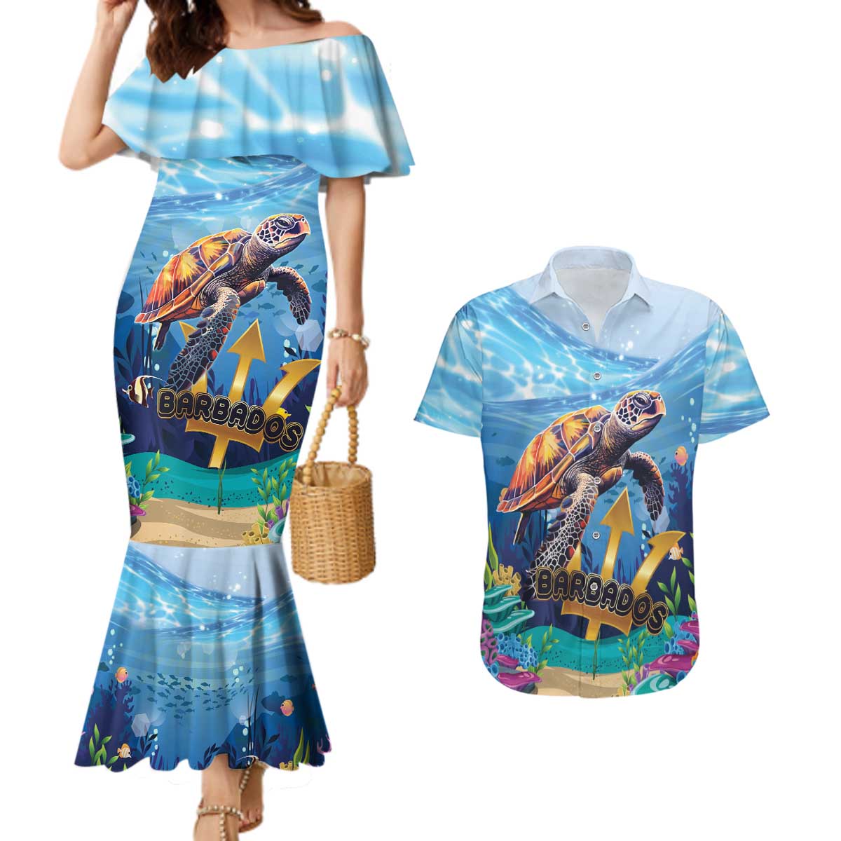 Personalised Barbados Sea Turtle Couples Matching Mermaid Dress and Hawaiian Shirt Ocean Style - Wonder Print Shop