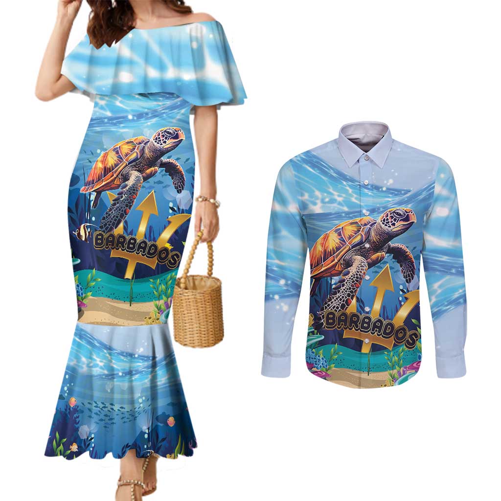 Personalised Barbados Sea Turtle Couples Matching Mermaid Dress and Long Sleeve Button Shirt Ocean Style