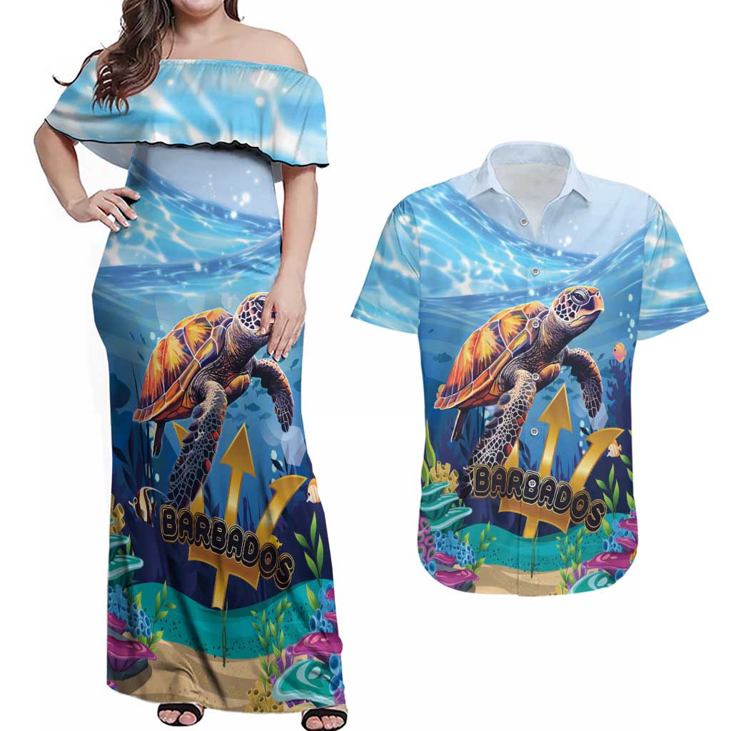 Personalised Barbados Sea Turtle Couples Matching Off Shoulder Maxi Dress and Hawaiian Shirt Ocean Style - Wonder Print Shop