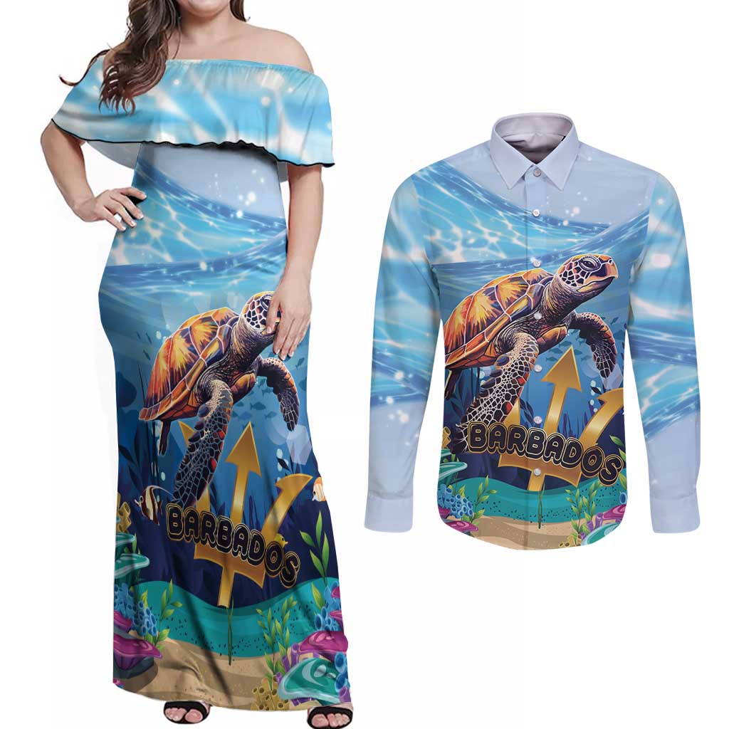 Personalised Barbados Sea Turtle Couples Matching Off Shoulder Maxi Dress and Long Sleeve Button Shirt Ocean Style - Wonder Print Shop