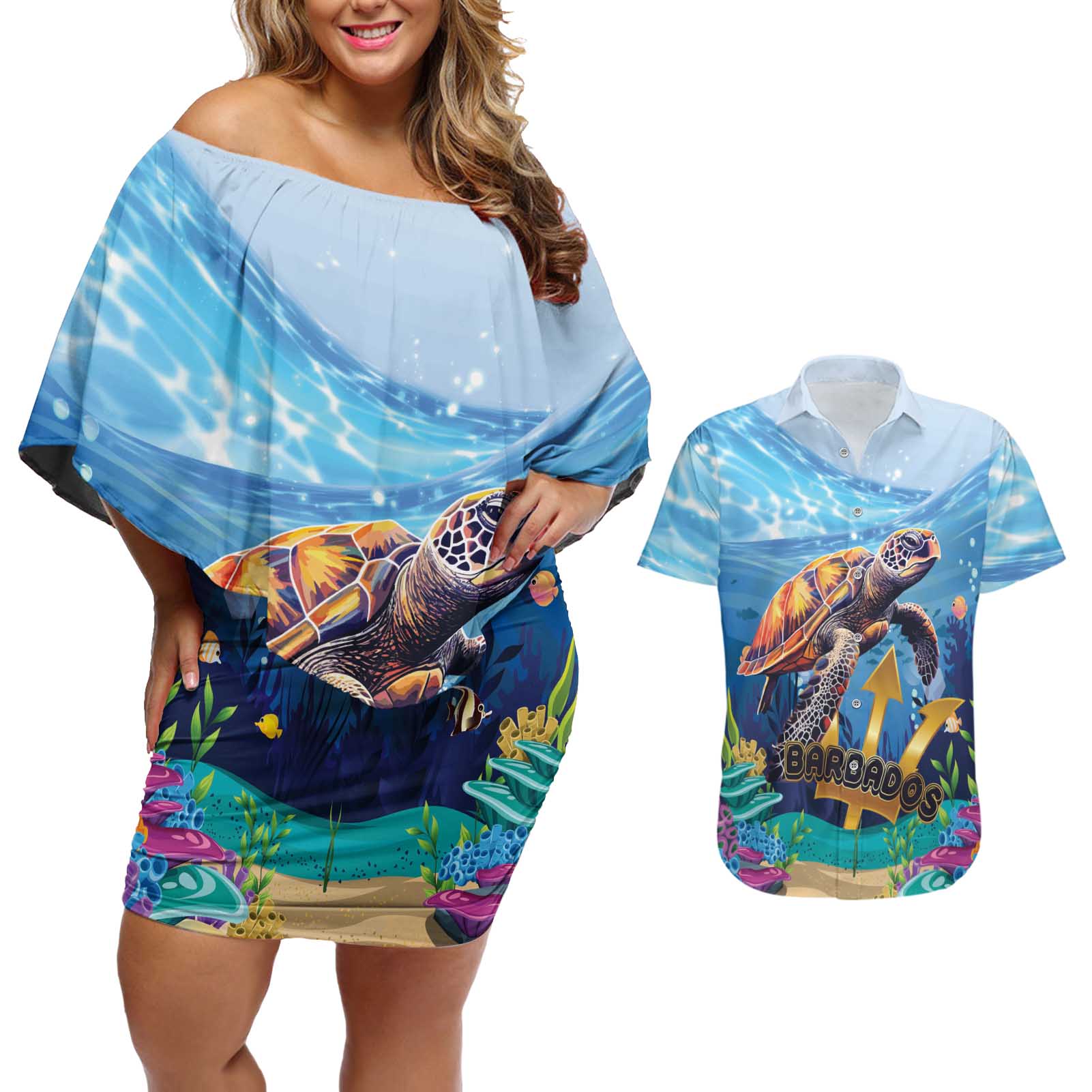 Personalised Barbados Sea Turtle Couples Matching Off Shoulder Short Dress and Hawaiian Shirt Ocean Style - Wonder Print Shop