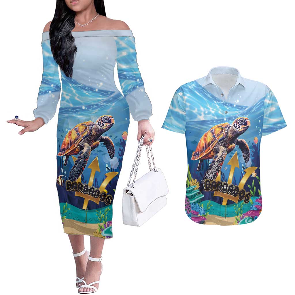 Personalised Barbados Sea Turtle Couples Matching Off The Shoulder Long Sleeve Dress and Hawaiian Shirt Ocean Style - Wonder Print Shop