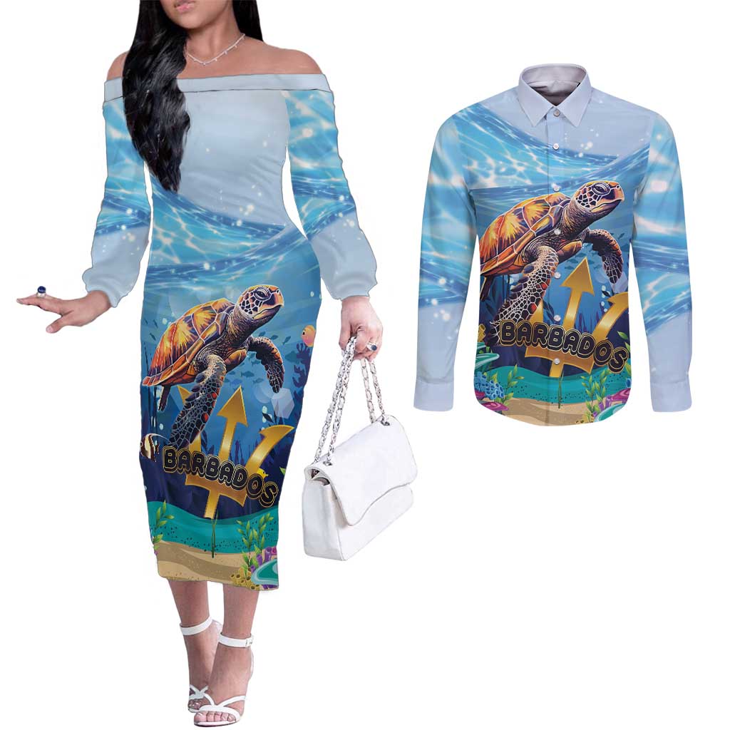 Personalised Barbados Sea Turtle Couples Matching Off The Shoulder Long Sleeve Dress and Long Sleeve Button Shirt Ocean Style