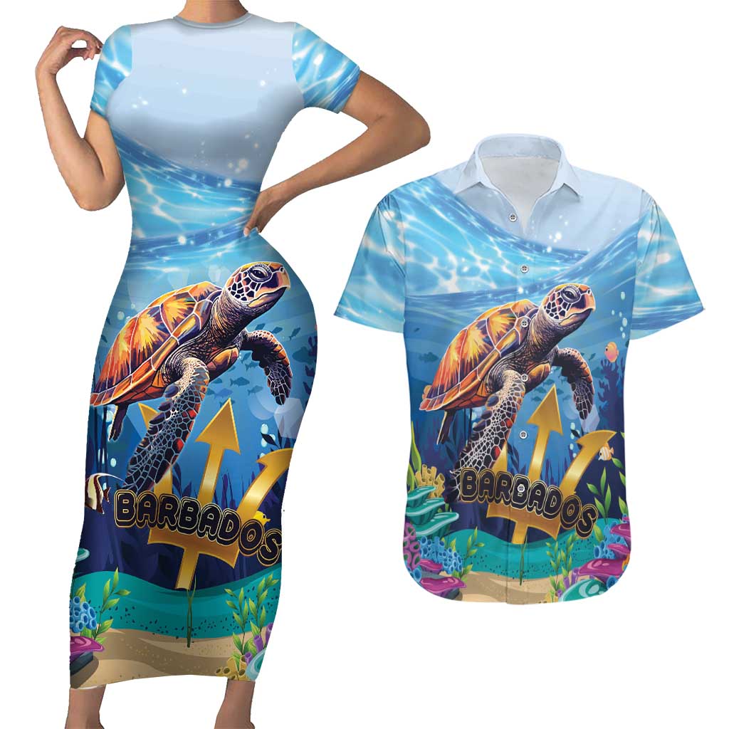 Personalised Barbados Sea Turtle Couples Matching Short Sleeve Bodycon Dress and Hawaiian Shirt Ocean Style - Wonder Print Shop