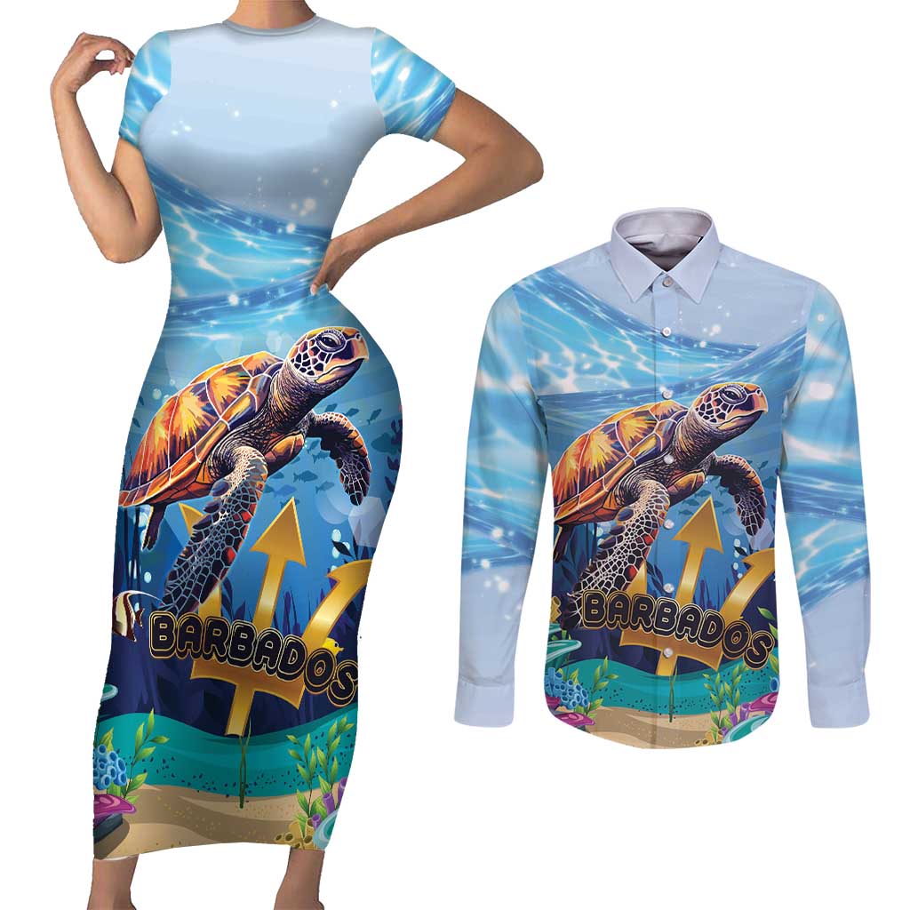 Personalised Barbados Sea Turtle Couples Matching Short Sleeve Bodycon Dress and Long Sleeve Button Shirt Ocean Style - Wonder Print Shop