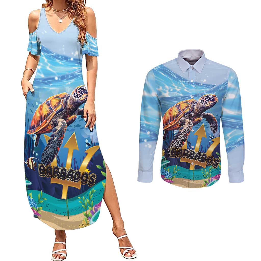 Personalised Barbados Sea Turtle Couples Matching Summer Maxi Dress and Long Sleeve Button Shirt Ocean Style - Wonder Print Shop