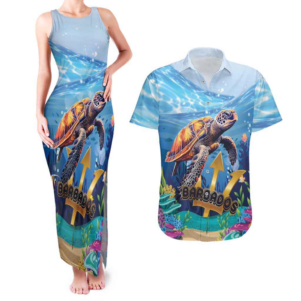 Personalised Barbados Sea Turtle Couples Matching Tank Maxi Dress and Hawaiian Shirt Ocean Style - Wonder Print Shop