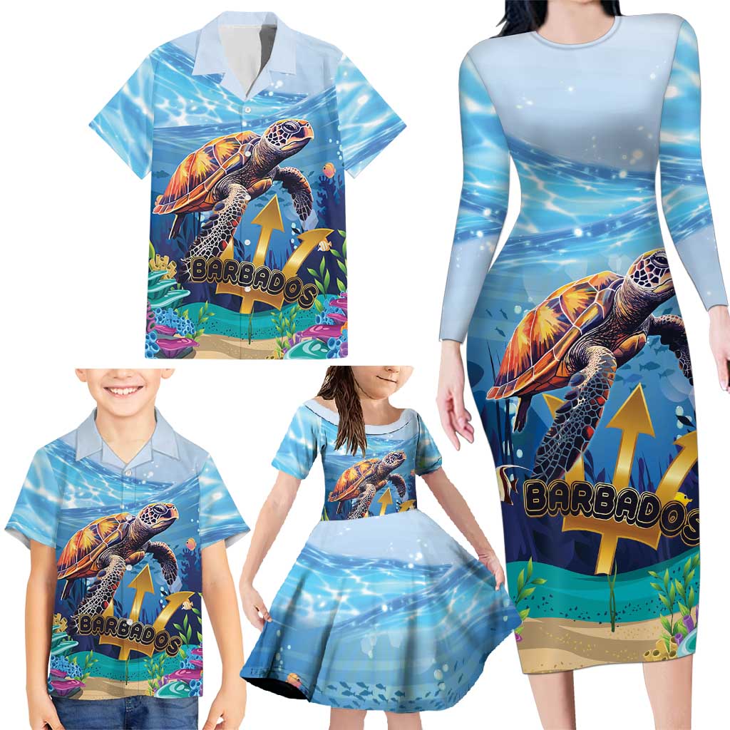 Personalised Barbados Sea Turtle Family Matching Long Sleeve Bodycon Dress and Hawaiian Shirt Ocean Style - Wonder Print Shop