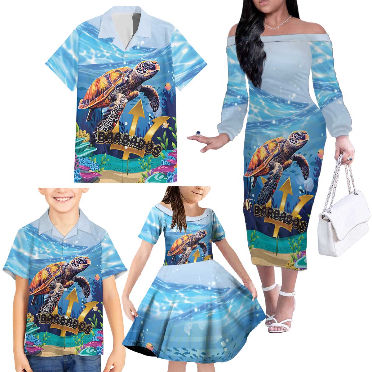 Personalised Barbados Sea Turtle Family Matching Off The Shoulder Long Sleeve Dress and Hawaiian Shirt Ocean Style - Wonder Print Shop