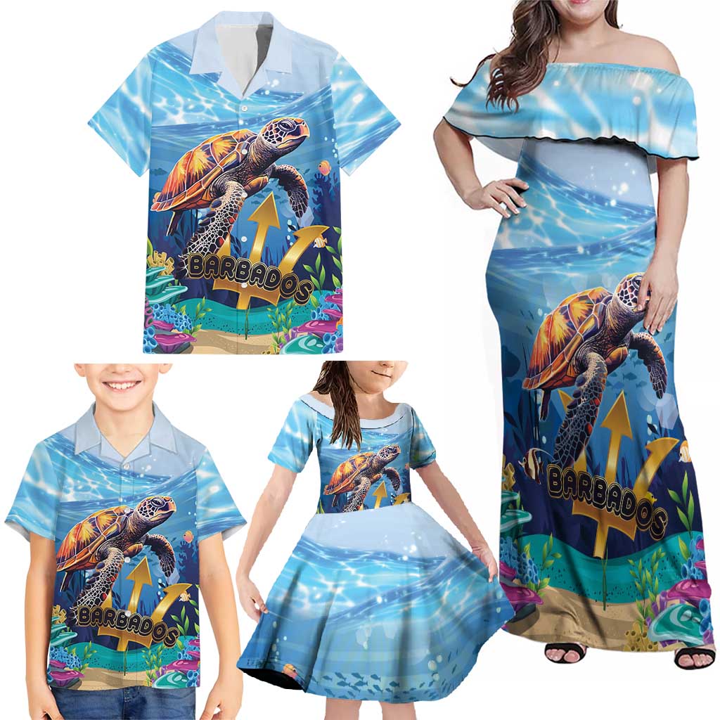 Personalised Barbados Sea Turtle Family Matching Off Shoulder Maxi Dress and Hawaiian Shirt Ocean Style - Wonder Print Shop